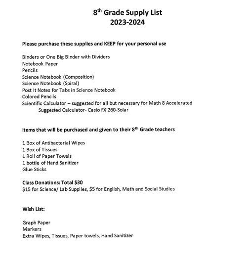 8th Grade Supply List